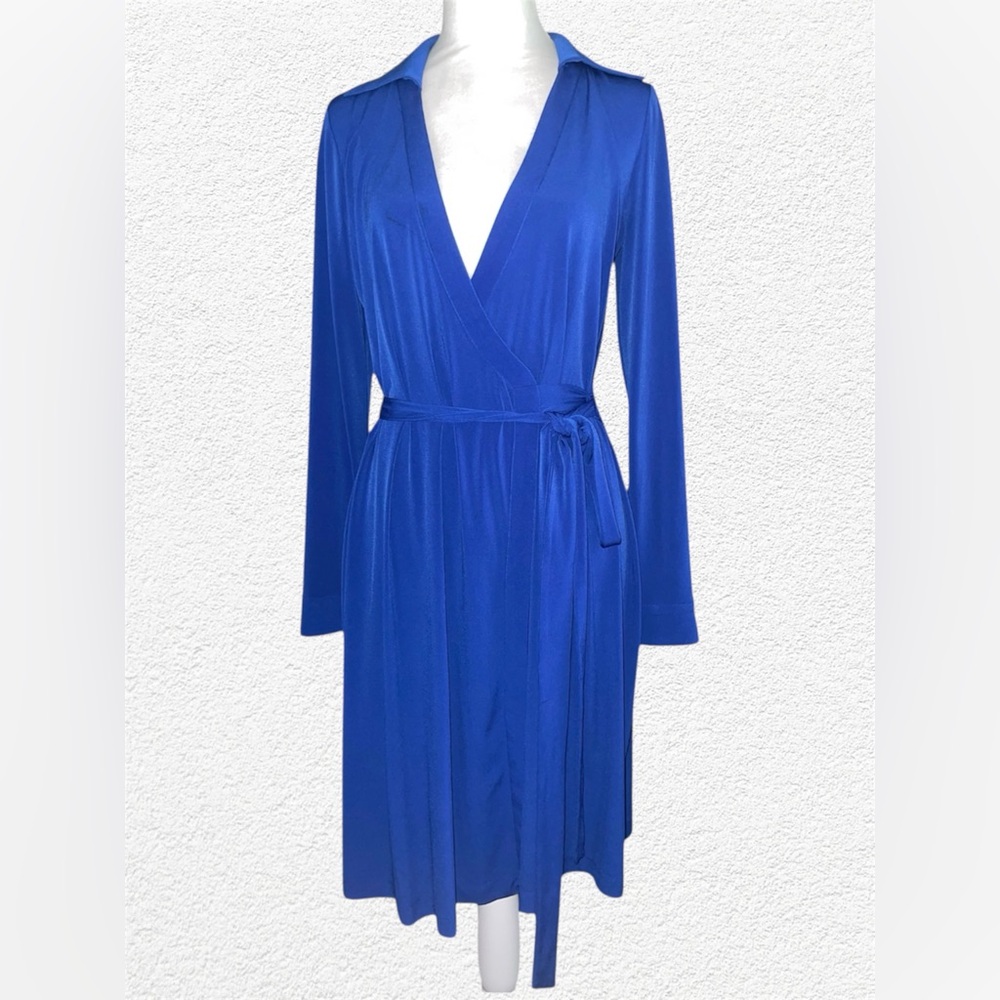Calvin Klein Size 8 Collared Wrap Long Sleeves Drop Waist Royal Blue